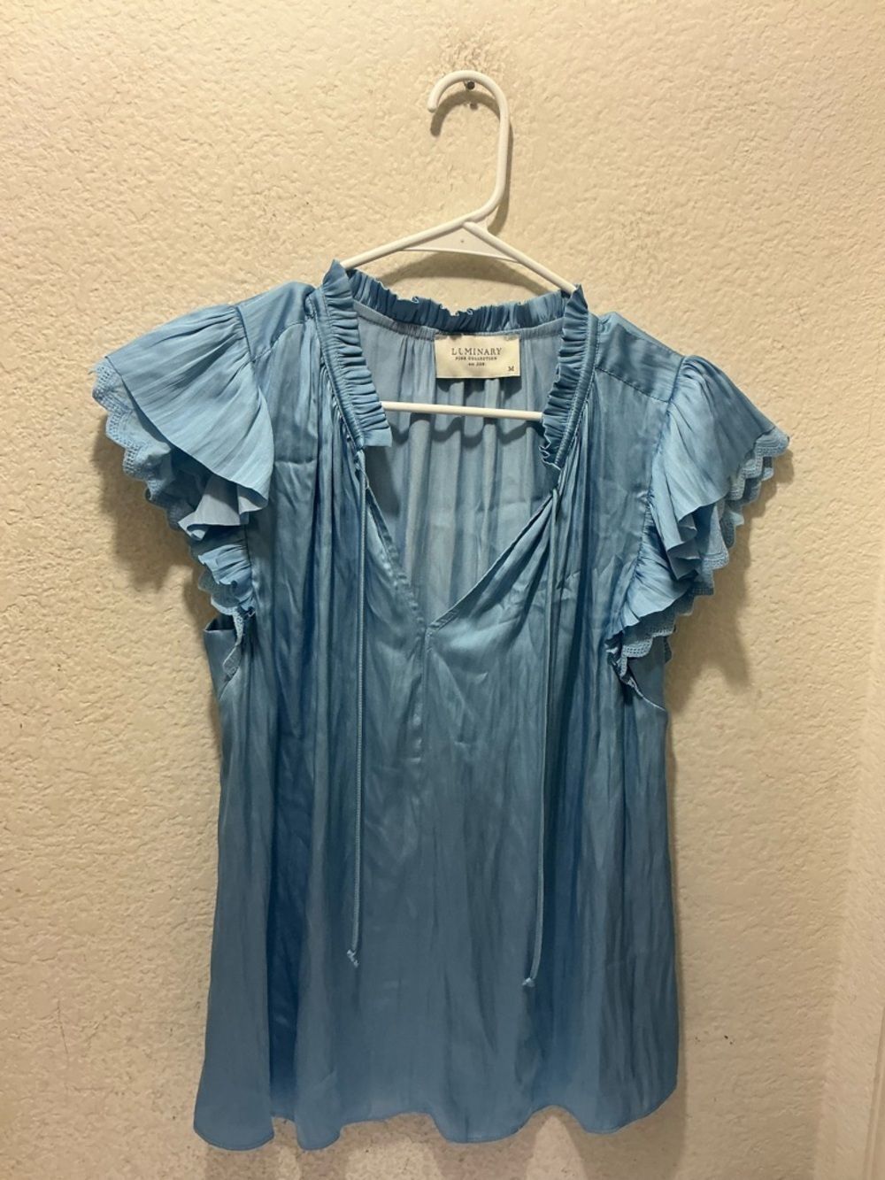 Light Blue Ruffle Sleeve V-Neck Top - Picture 4 of 7